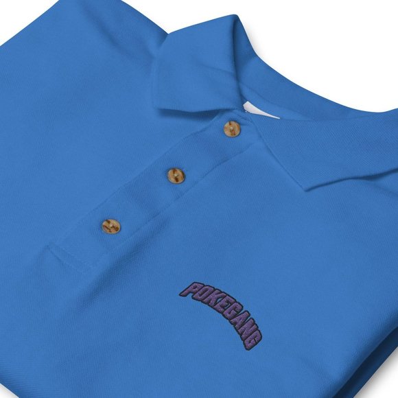 PokeGang Men's Blue Short Sleeve Button Up Purple Logo Sport Polo Shirt Size S - Picture 2 of 2